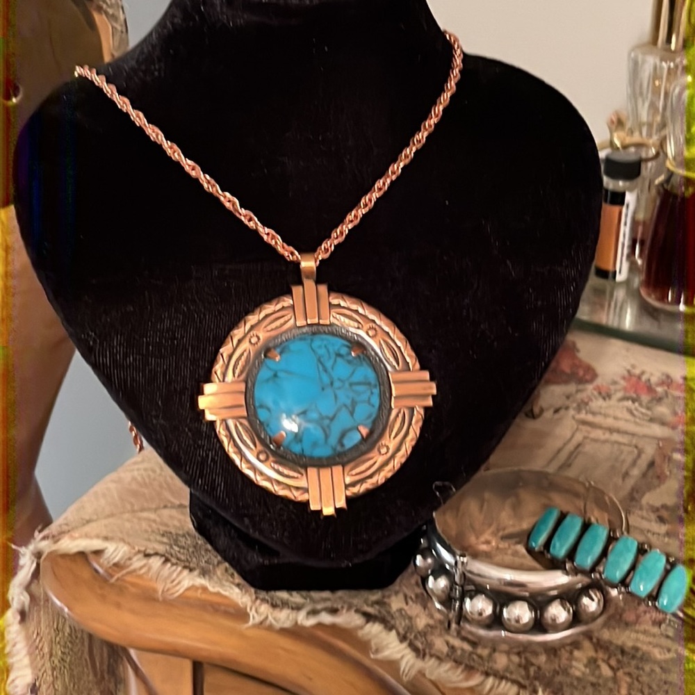 Bell Trading Post Pendant Chain Necklace Copper Faux Turquoise Vintage